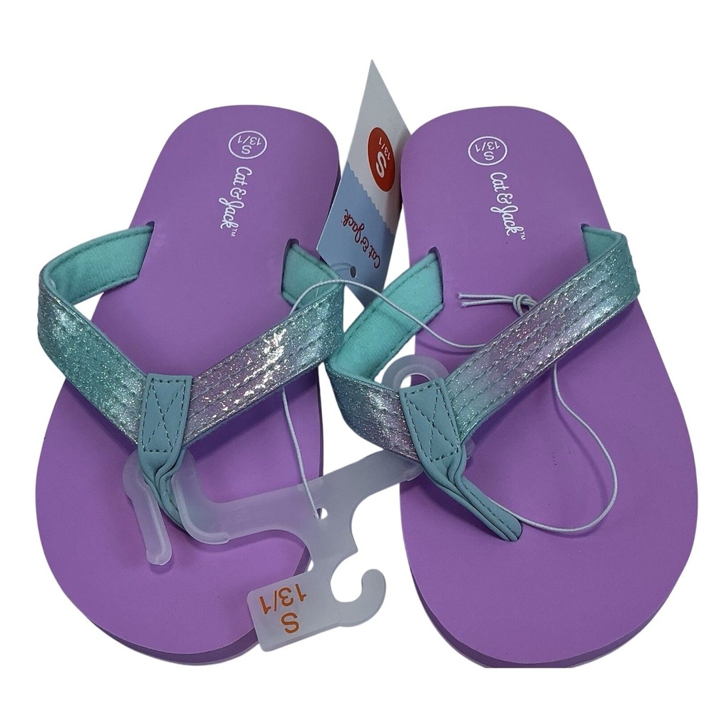 Cat Jack Purple Teal Glitter Flip Flop Sandals Toddler Child Size S 13/1